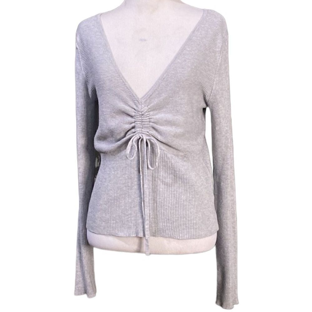 Sugar Moon Grey Ribbed Knit Long Sleeve V-neck Sweater Top Gathered Tie Front